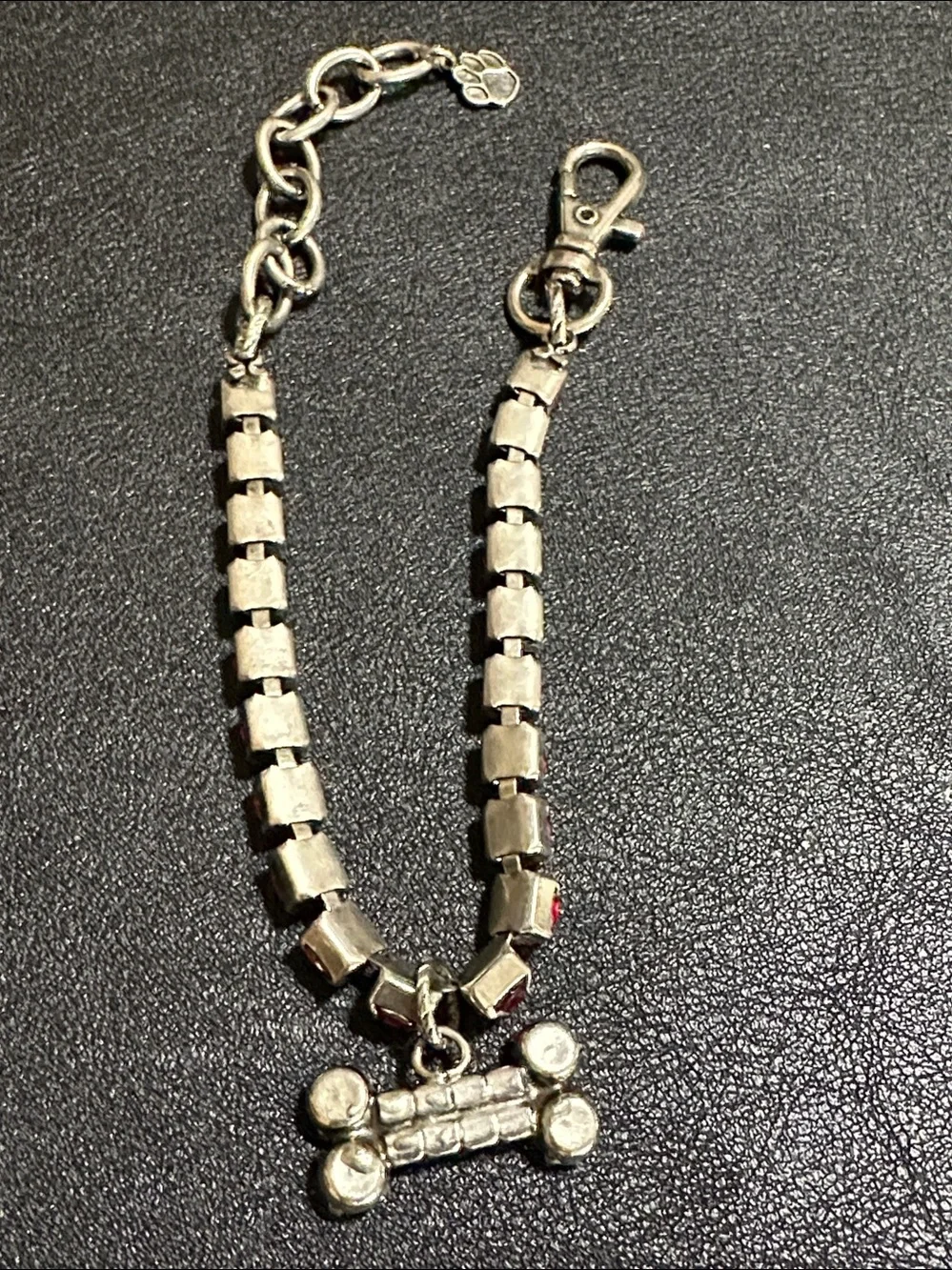 Red Rhinestone Silver Tone Small Dog Collar With Dangling Red Charm